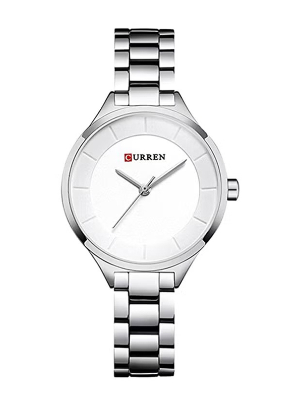Curren Analog Watch for Women with Stainless Steel Band, Water Resistant, WT-CU-9015-SL#D2, Silver-White