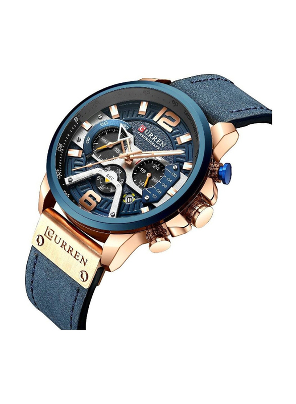 Curren Fashion Analog Quartz Watch for Men with Leather Band, Water Resistant and Chronograph, Blue