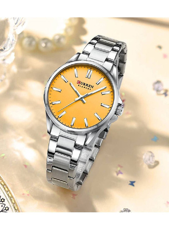 Curren New Fashion Classic Analog Watch for Women with Stainless Steel Band, Water Resistant, Silver-Yellow