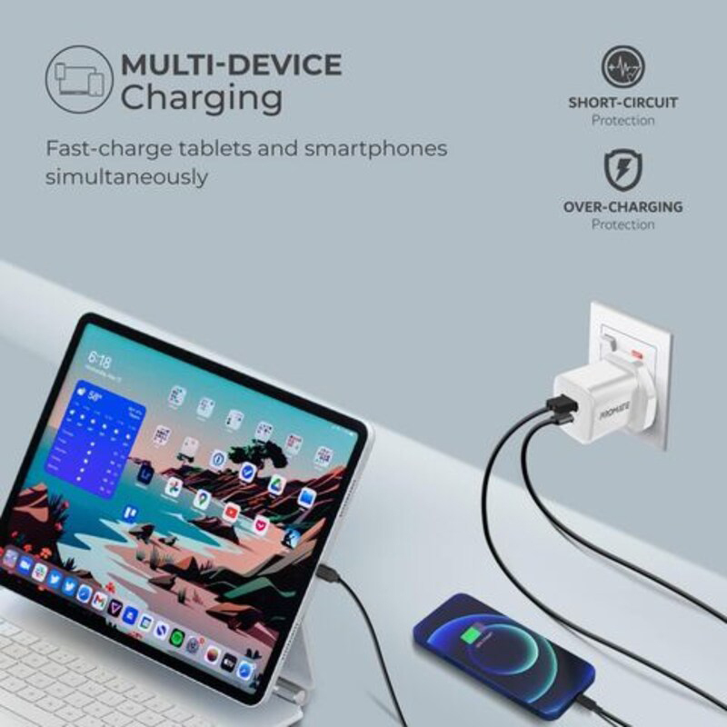Promate Ultra-Compact 33W Gan USB-C Charger with Fast 22.5W Qc 3.0 Charging Port, White