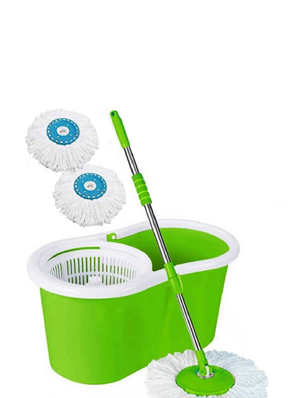 Spin Mop Bucket System 360 Spin Mop & Bucket Floor Cleaning Stainless Steel Mop Bucket with 2 Microfiber Replacement Head Refills, Green/White