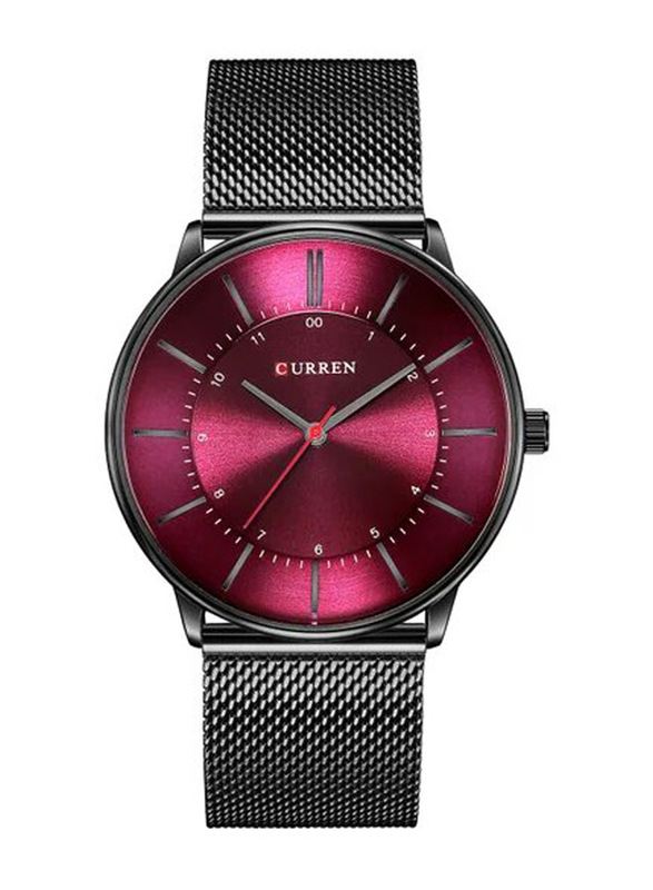 Curren Analog Watch for Men with Stainless Steel Band, Water Resistant, 8303, Black/Dark Pink