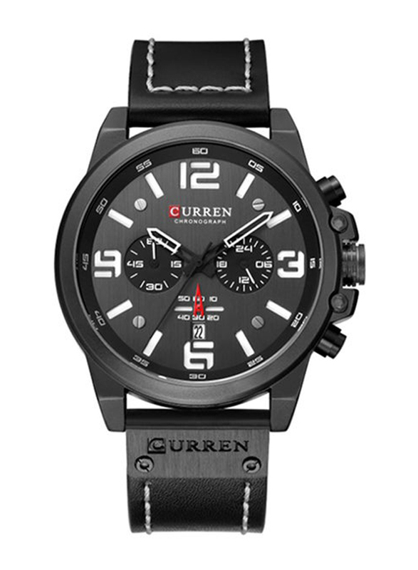 Curren Analog Unisex Watch with Leather Band, Water Resistant and Chronograph, J4370-2, Black