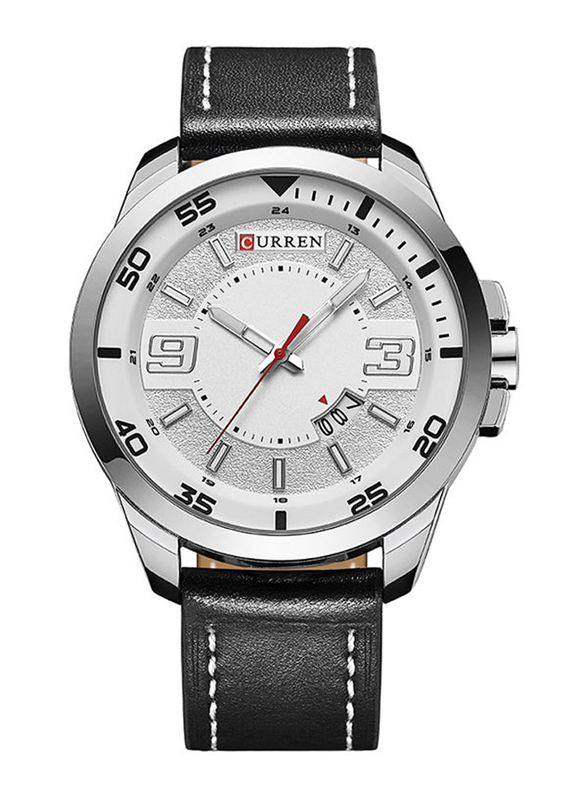 Curren Analog Quartz Watch for Men with Leather Band, Water Resistant, M-8213-1, Black-White