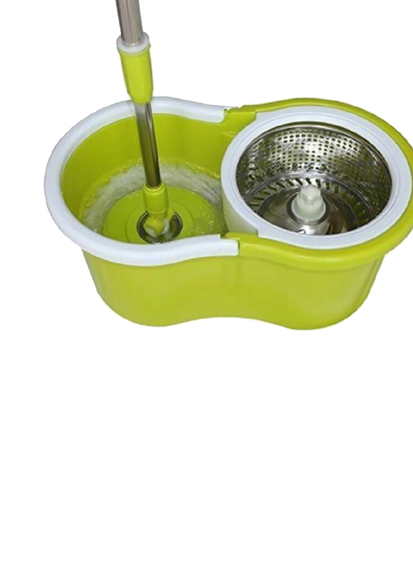 Spin Mop Bucket System 360 Spin Mop & Bucket Floor Cleaning Stainless Steel Mop Bucket with 2 Microfiber Replacement Head Refills, Green/White