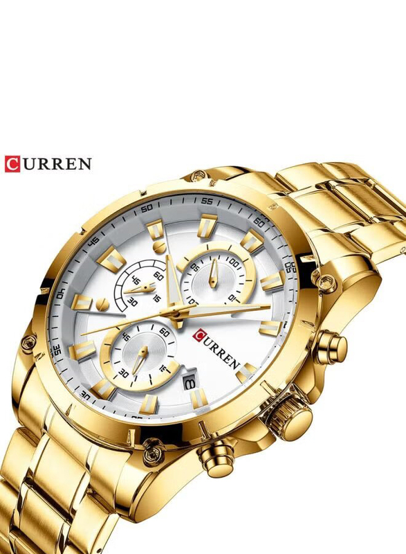 Curren Analog Watch for Men with Stainless Steel Band & Chronograph, Water Resistant, 8360, Gold-White
