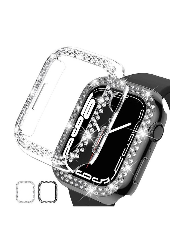 Protective iWatch PC Bling Diamond Crystal Frame Case Cover for Apple Watch Series 7 45mm, 2 Pieces, Clear/Black