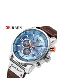 Curren Stylish Analog Chronograph Wrist Watch for Men with Leather Band, Water Resistant, 8291, Brown-Blue