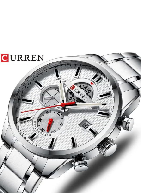 Curren Analog Chronograph Watch for Men with Stainless Steel Band, Water Resistant, J4194s-W, Silver-White