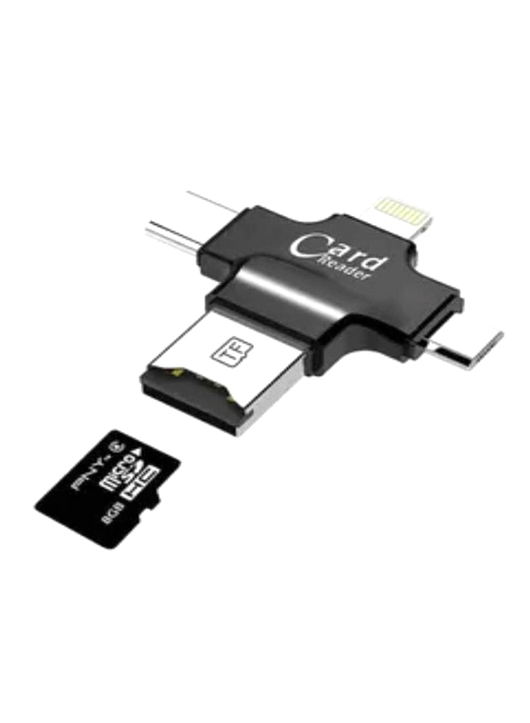 4-In-1 Card Reader with Type C Micro & Lightning Connectors, Black