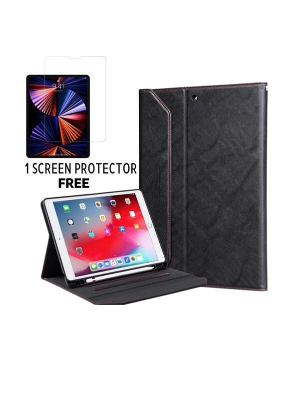 

Cat-Cot Apple iPad Pro 6th Gen 12.9 Inch 2022/2021/2020 PU Leather Stand Folio Flip Case Cover With Tempered Glass Screen Protector, Black