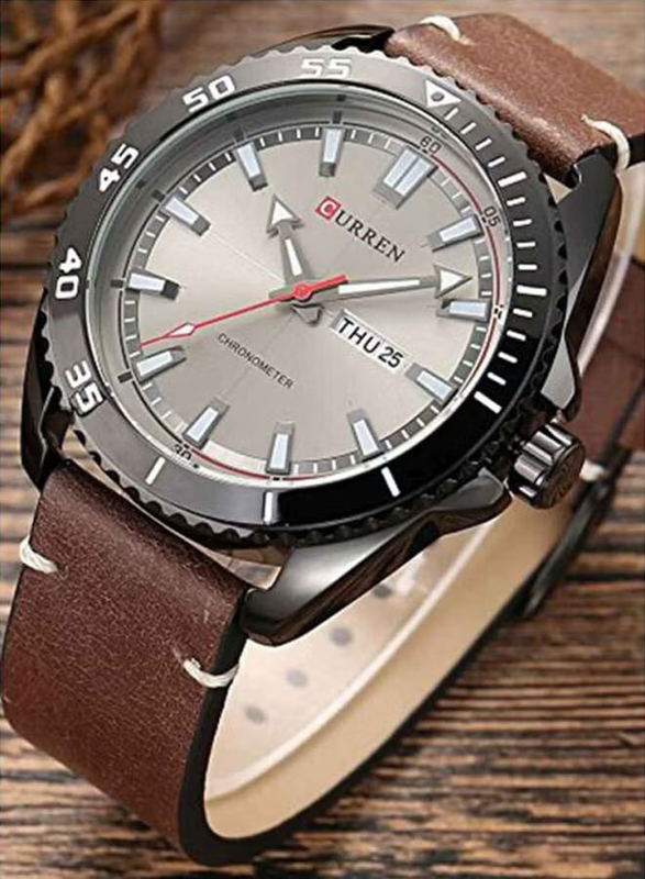 Curren Analog Watch for Men with Leather Band, 8272, Brown-Grey