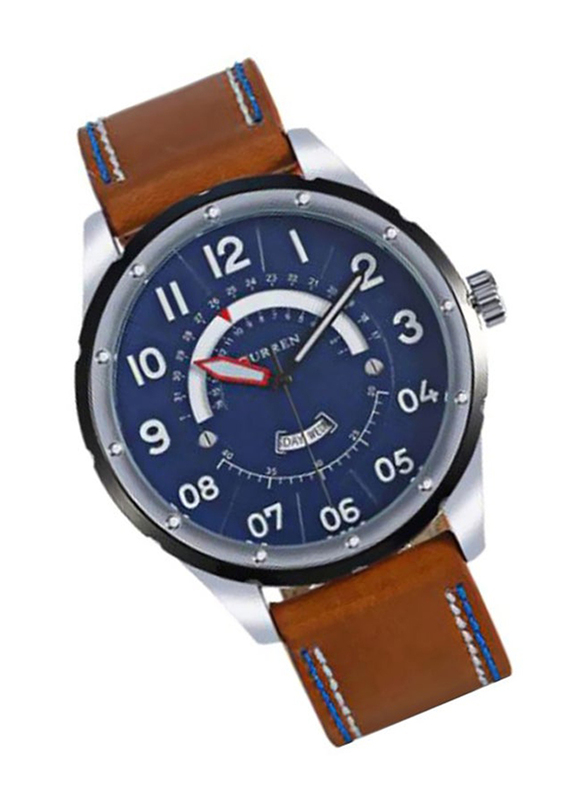 Curren Analog Watch for Men with Leather Band, Chronograph and Water Resistant, WT-CU-8267-BL, Brown-Blue