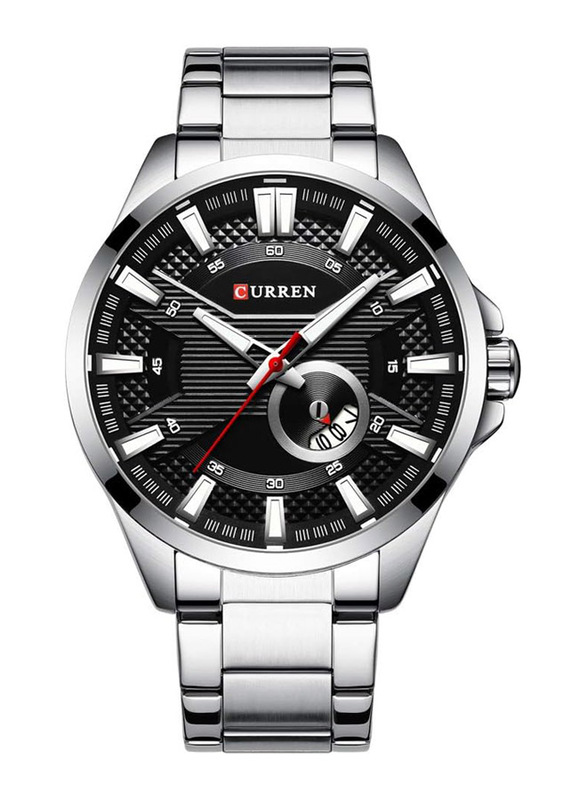 Curren Analog Watch for Men with Stainless Steel Band, Water Resistant and Calendar, 8372, Black-Silver