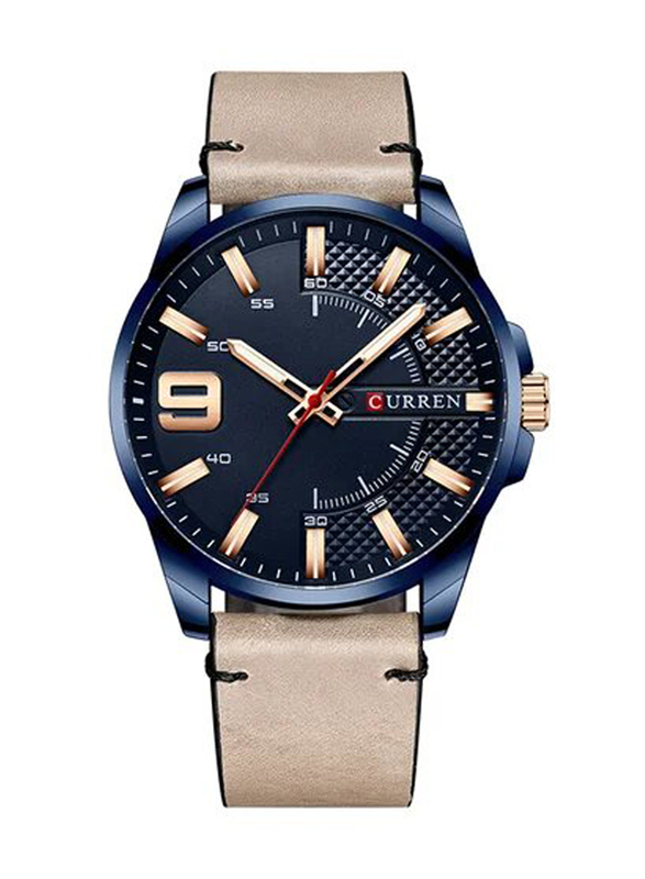 Curren Quartz Analog Watch for Men with Leather Band, Water Resistant, J4386BL-KM, Grey-Blue