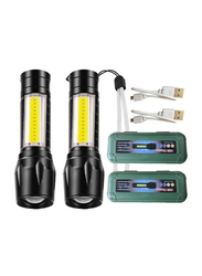 Led Flashlight Rechargeable USB Mini Torch Light with COB Side Searchlight High Lumens, 2 Pieces, Black