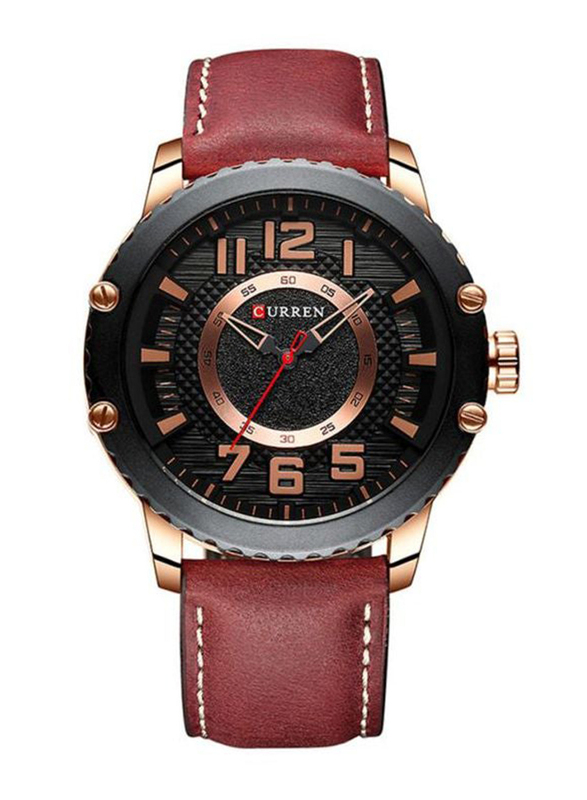 Curren Analog Watch for Men with Leather Band, Water Resistant, J3991R-KM, Maroon-Black