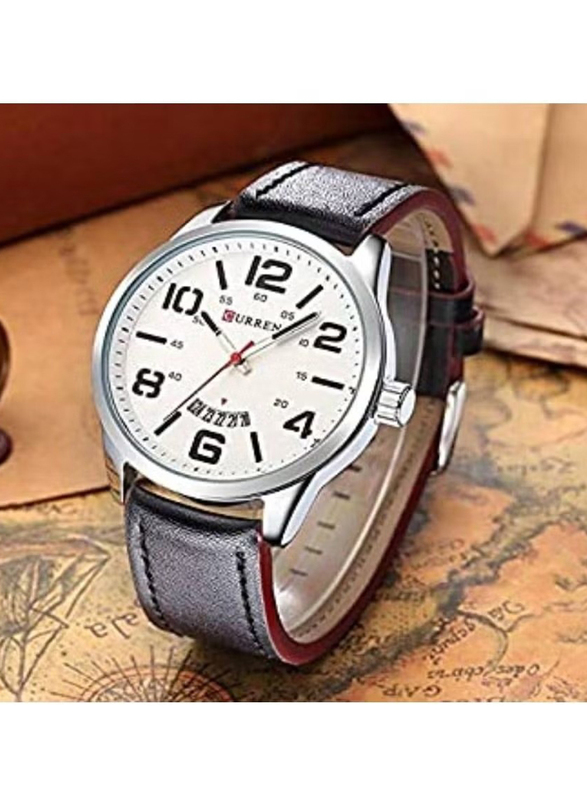 Curren Analog Watch for Men with Leather Band, Wear Resistant, 8236, Black-White