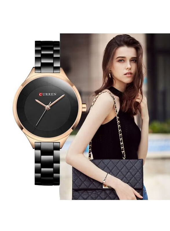 Curren Analog Quartz Watch for Women with Stainless Steel Band, Water Resistant, 9015, Black