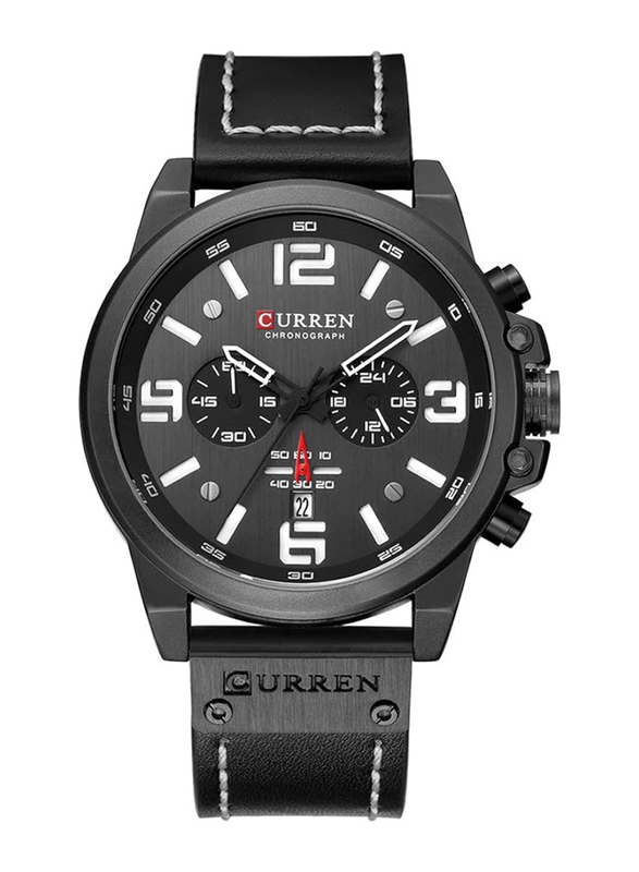 Curren Analog Watch for Men with Leather Band, Water Resistant and Chronograph, J4370-2-KM, Black