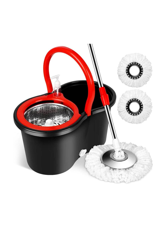 Spin Stainless Steel Handle Mop Bucket with Wringer Set & Floor Cleaning System Easy Wring Foot Pedal, Black/Red