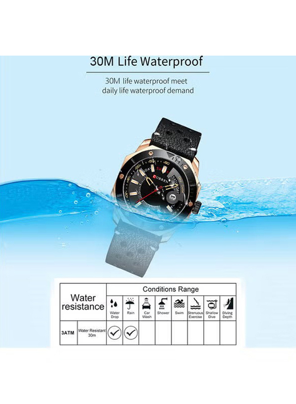 Curren Analog Quartz Luminous Design Wrist Watch for Men with Leather Band, Water Resistant, J-4728B-2, Black-Black/Grey