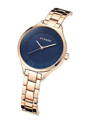 Curren 9015 Casual Analog Watch for Women with Stainless Steel Band, Water Resistant, Gold-Blue