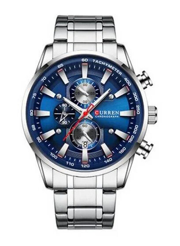 Curren Analog Watch for Men, Water Resistant and Chronograph, 8351, Silver/Blue