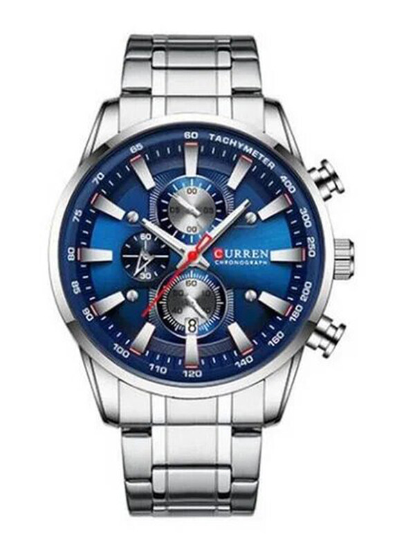 

Curren Analog Watch for Men, Water Resistant and Chronograph, 8351, Silver/Blue