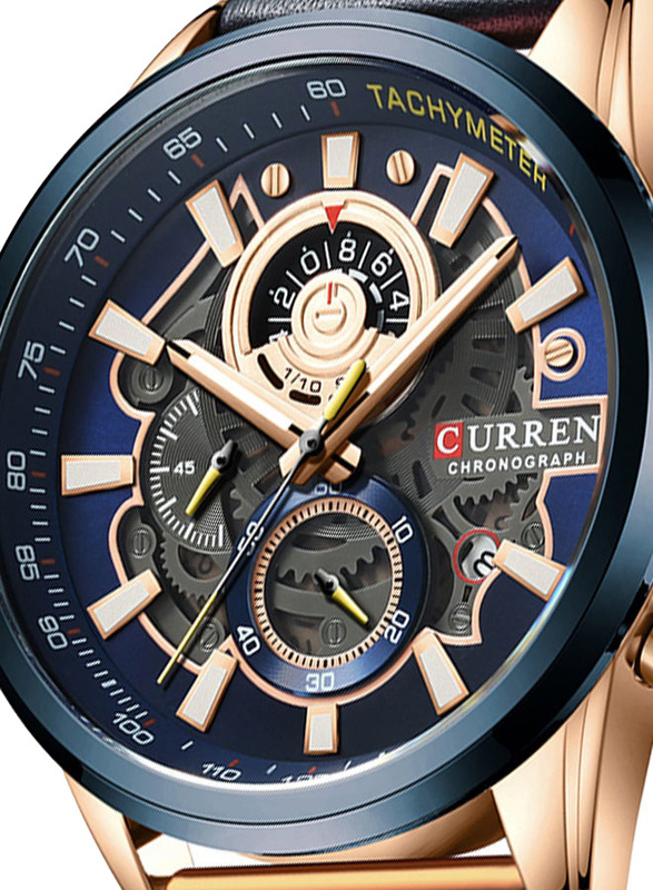 Curren Analog Quartz Watch for Men with Leather Genuine Band, Water Resistant and Chronograph, 8380, Gold-Blue