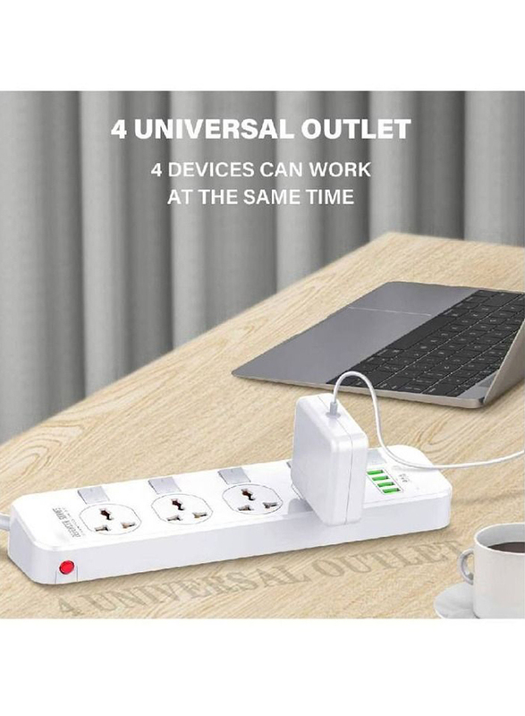 XiuWoo 4-Socket Power Strip with 4-USB Ports Extension Board, White