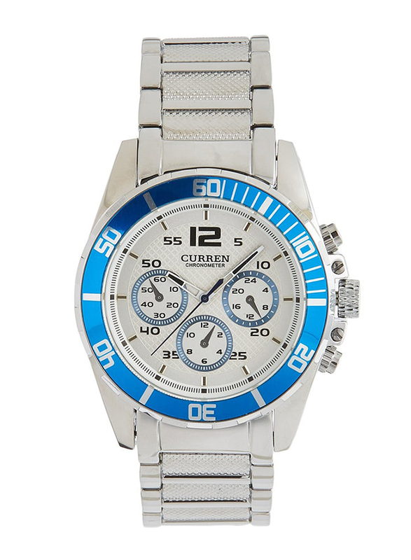Curren Analog Watch for Men with Metal Band, Chronograph, 8073, White