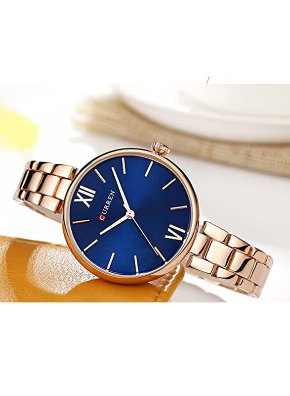 Curren Analog Quartz Watch for Women with Alloy Band, Water Resistant, 9017, Rose Gold-Blue