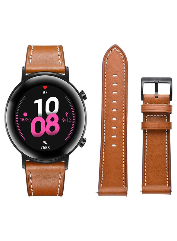 Perfii Genuine Leather Replacement Band For Huawei Watch GT 2 42mm Supreme Style 20mm, Brown