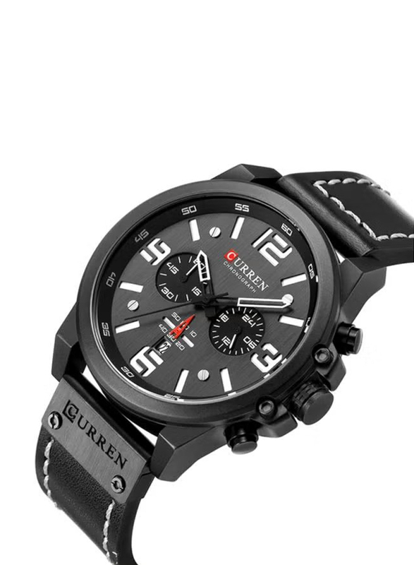 Curren Analog Watch for Men with Leather Band, Water Resistant and Chronograph, 8314, Black