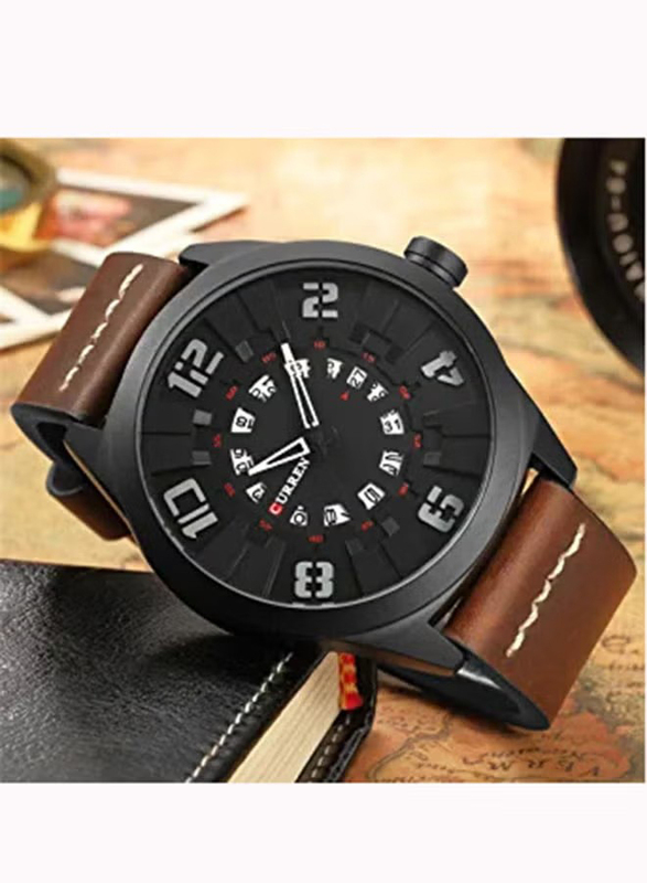 Curren Analog Watch for Men with Leather Band, Water Resistant, 8258, Coffee-Black