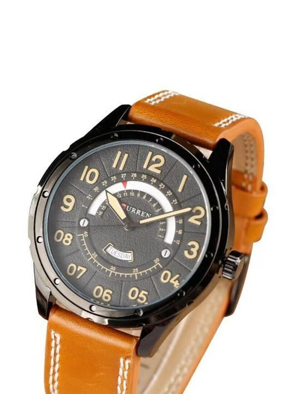 Curren Stylish Analog Watch for Men with Leather Band & Day Display, Water Resistant, 8267, Brown-Black