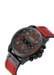 Curren Analog Watch for Men with Leather Band, Water Resistant and Chronograph, J3559R-KM, Red-Black