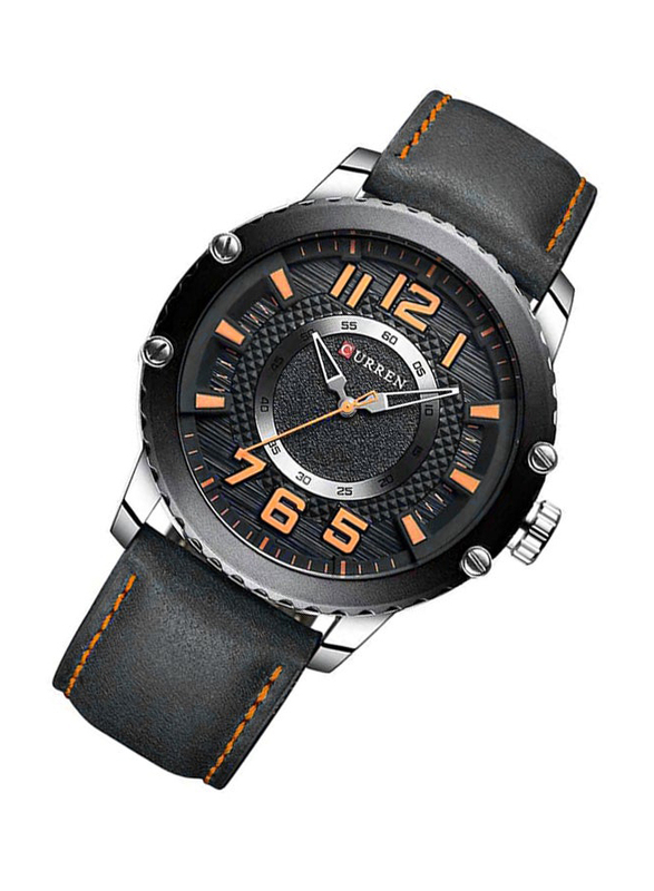 Curren Analog Watch for Men with Leather Band, Water Resistant, 8341, Black-Black/Orange