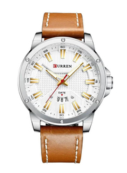 Curren Analog Watch for Men with Leather Band, Water Resistant, Brown-White