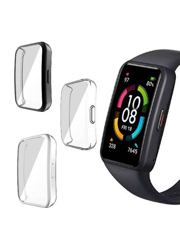 Full Coverage Scratch Proof Bumper Soft TPU Cover for Huawei Band 6/Honor Band 6, 3 Pieces, Black/Clear/Silver