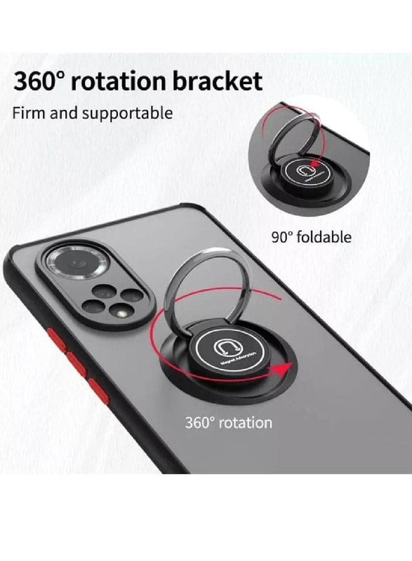 Nova 9 Flexible Silicone Bumper Shockproof Matte Mobile Phone Back Cover with 360 rotational Car Mount Magnetic Ring Holder, Black