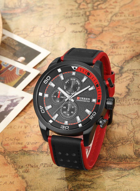 Curren Analog Watch for Men with Leather Band, Water Resistant, WT-CU-8250-R, Red/Black-Black