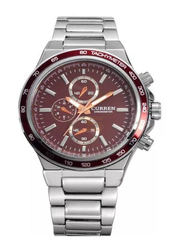 Curren Analog Watch for Men Stainless Steel Band, Water Resistant and Chronograph, Silver-Brown