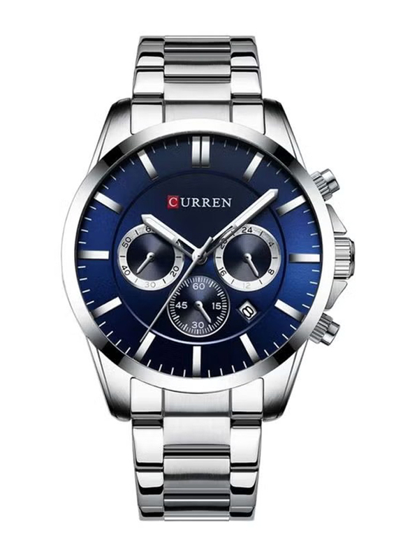 Curren Analog Chronograph Watch for Men with Stainless Steel Band, Water Resistant, J4140S-BL-KM, Silver-Blue