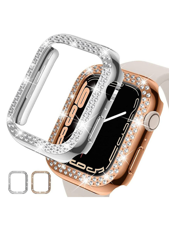 Protective PC Bling Crystal Diamond Frame Case Cover for Apple Watch Series 7 41mm, 2 Piece, Silver/Rose Gold