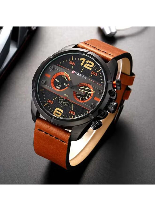 Curren Analog Watch for Men with Leather Band, Water Resistant, WT-CU-8259-BR#D1, Brown-Black