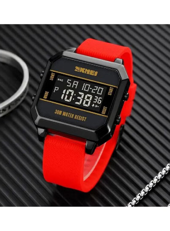 SKMEI Digital Wrist Watch for Kids with PU Leather, Water Resistant, 1848, Red-Black