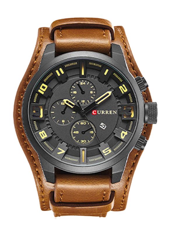 Curren Analog Watch for Men with Leather Band, Chronograph, J3745BCA-KM, Brown-Black