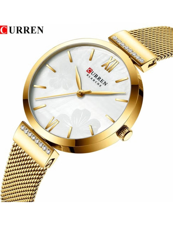 Curren Analog Watch for Women with Metal Band, Water Resistant, 9067, Gold-White